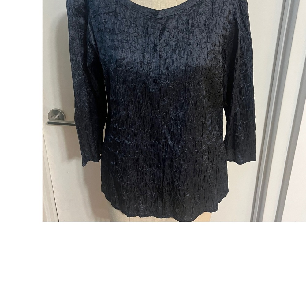 EILEEN FISHER "Scrumple Top" Silk Blue Grey Black Stitch Lagenlook Size Large